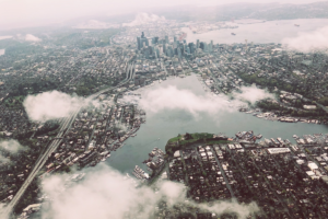 Seattle from the air with low clouds